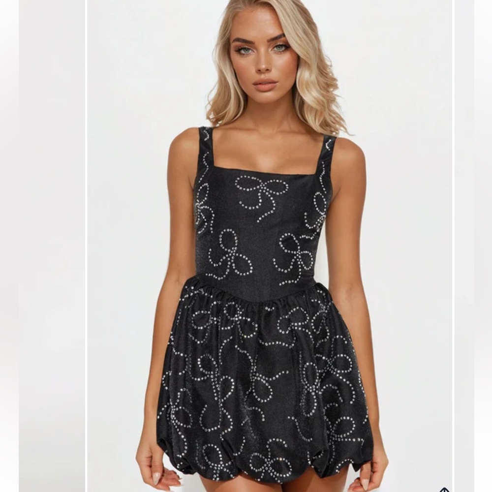 Fashionnova Bow Rhinestone Bubble Mini Dress - Black
Size: XS